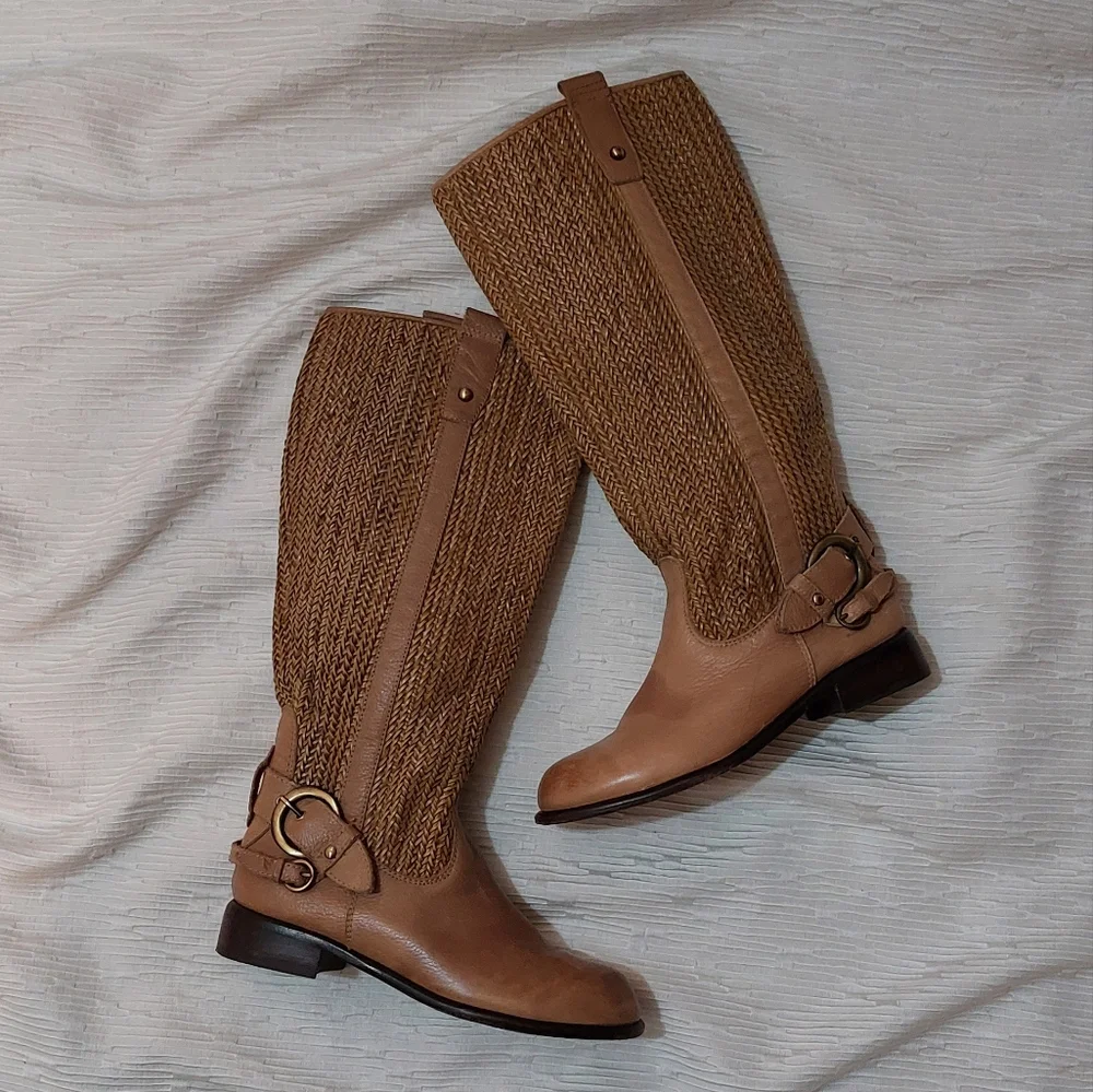 Anthropologie Tan/brown Leather Woven Over the Knee Riding Boots Size 6